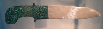 Jade blade, bronze, turquoise inlay 1000BC China.JPG